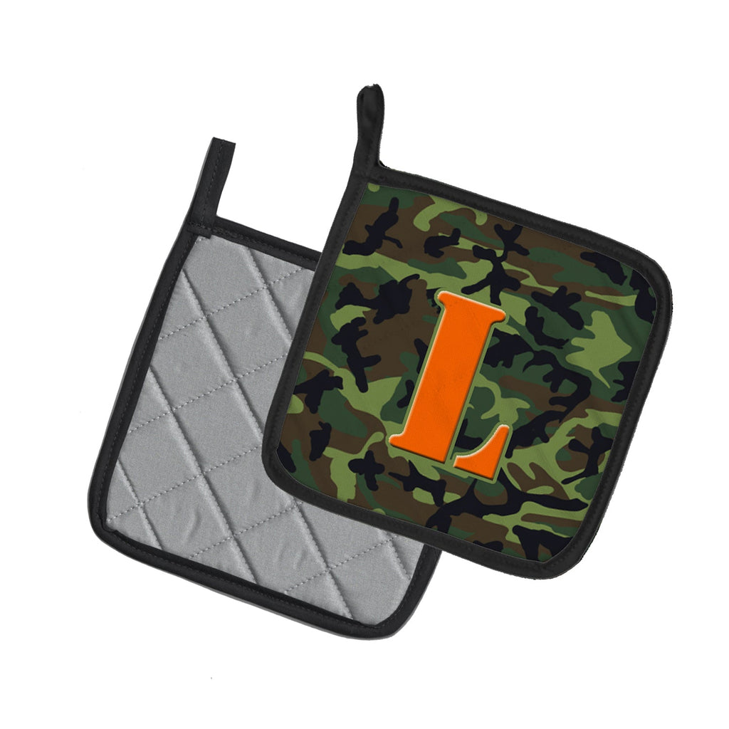 Letter L Monogram - Camo Green Pot Holder Set of 2 Heat Resistant Quilted Hot Pads 7.5 x 7.5 Inch, Insulated Kitchen Trivets for Cooking & Baking