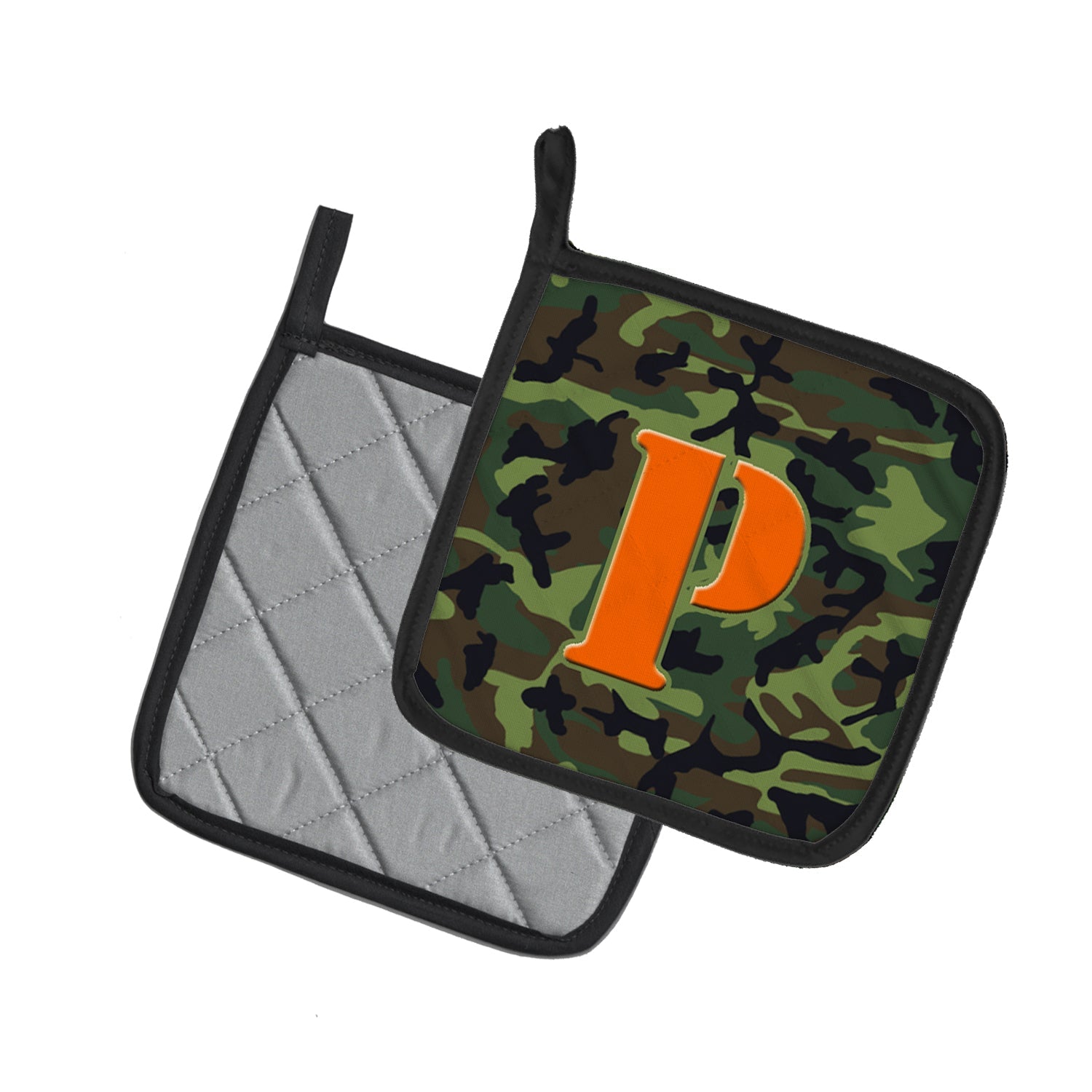 Letter P Monogram - Camo Green Pot Holder Set of 2 Heat Resistant Quilted Hot Pads 7.5 x 7.5 Inch, Insulated Kitchen Trivets for Cooking & Baking