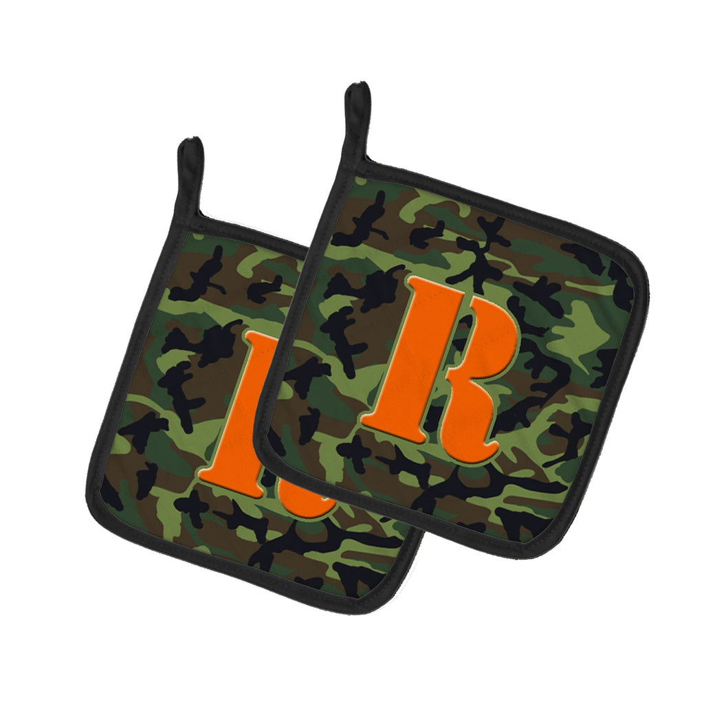 Letter R Monogram - Camo Green Pot Holder Set of 2 Heat Resistant Quilted Hot Pads 7.5 x 7.5 Inch, Insulated Kitchen Trivets for Cooking & Baking