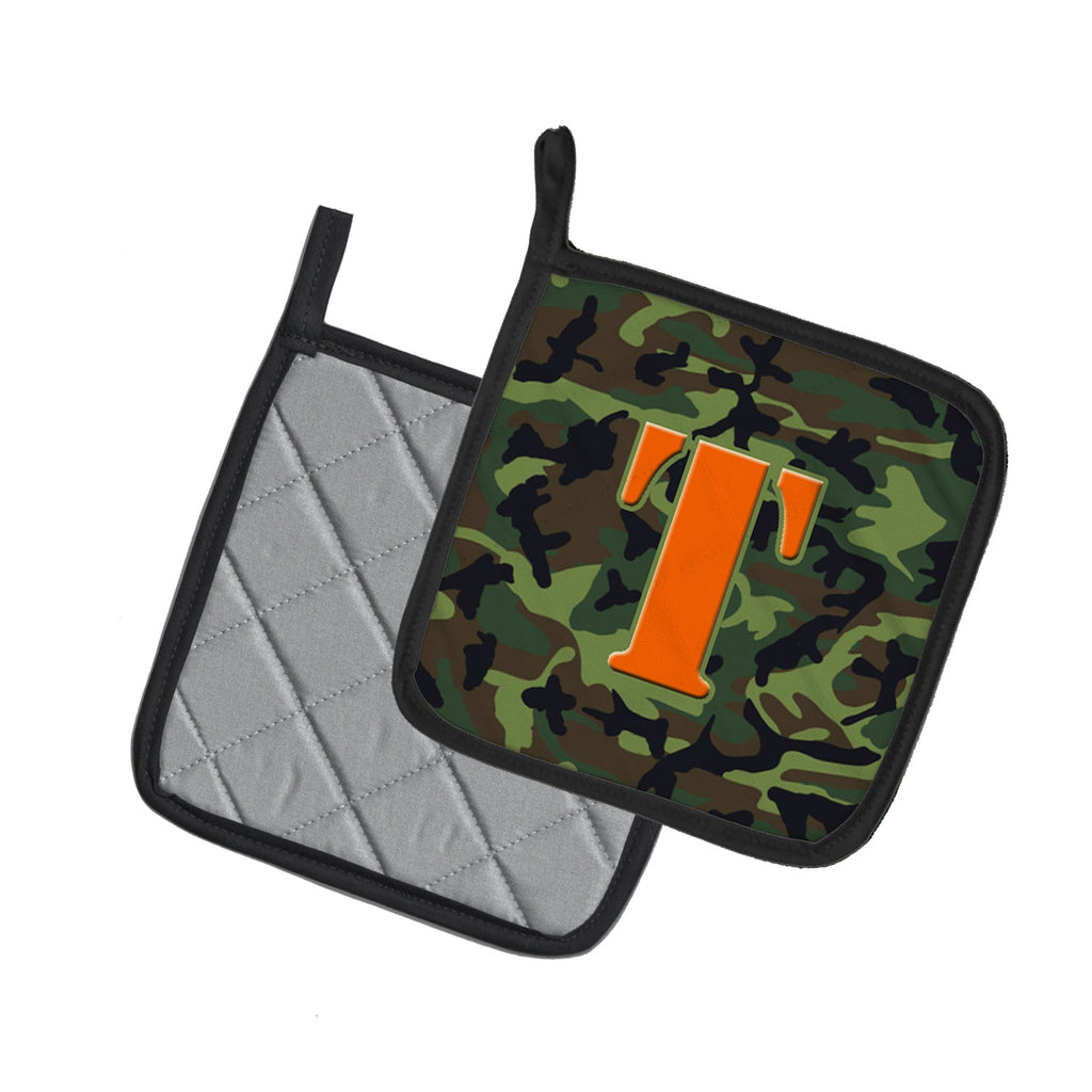 Letter T Monogram - Camo Green Pot Holder Set of 2 Heat Resistant Quilted Hot Pads 7.5 x 7.5 Inch, Insulated Kitchen Trivets for Cooking & Baking