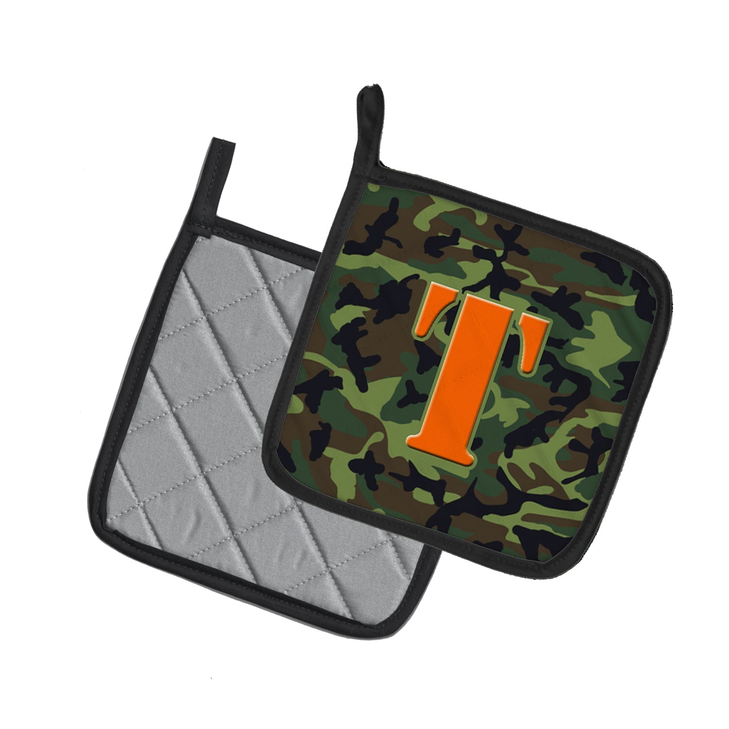 Letter T Monogram - Camo Green Pot Holder Set of 2 Heat Resistant Quilted Hot Pads 7.5 x 7.5 Inch, Insulated Kitchen Trivets for Cooking & Baking