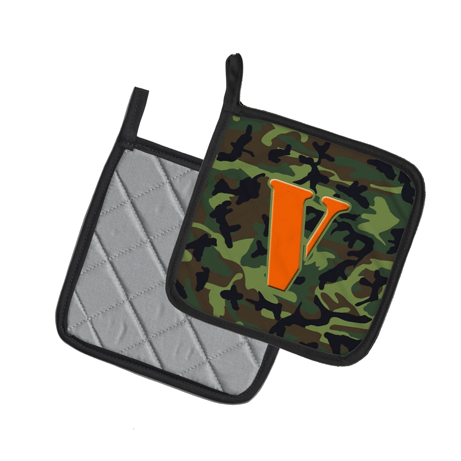 Letter V Monogram - Camo Green Pot Holder Set of 2 Heat Resistant Quilted Hot Pads 7.5 x 7.5 Inch, Insulated Kitchen Trivets for Cooking & Baking