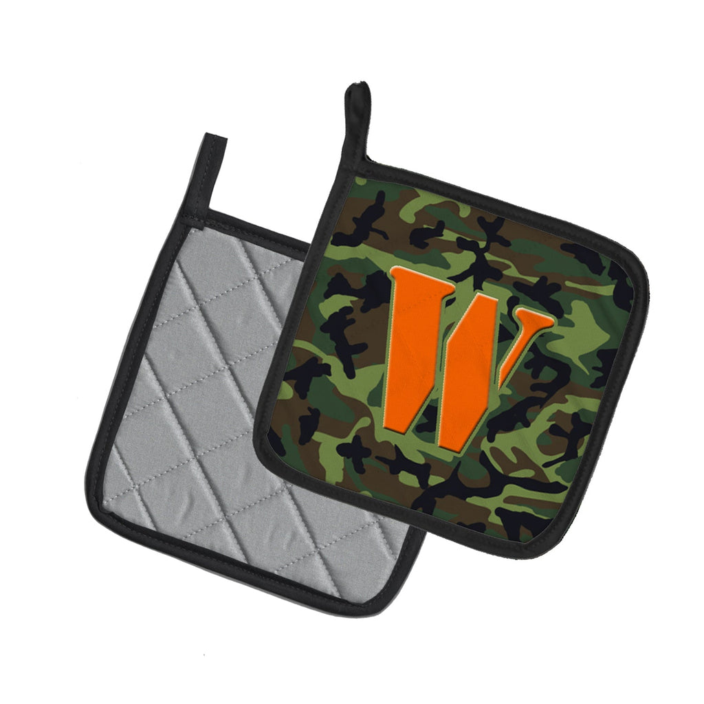 Letter W Monogram - Camo Green Pot Holder Set of 2 Heat Resistant Quilted Hot Pads 7.5 x 7.5 Inch, Insulated Kitchen Trivets for Cooking & Baking