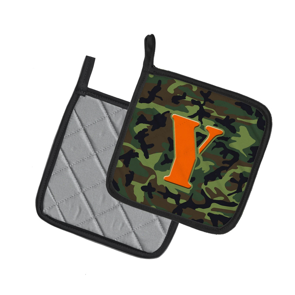Letter Y Monogram - Camo Green Pot Holder Set of 2 Heat Resistant Quilted Hot Pads 7.5 x 7.5 Inch, Insulated Kitchen Trivets for Cooking & Baking