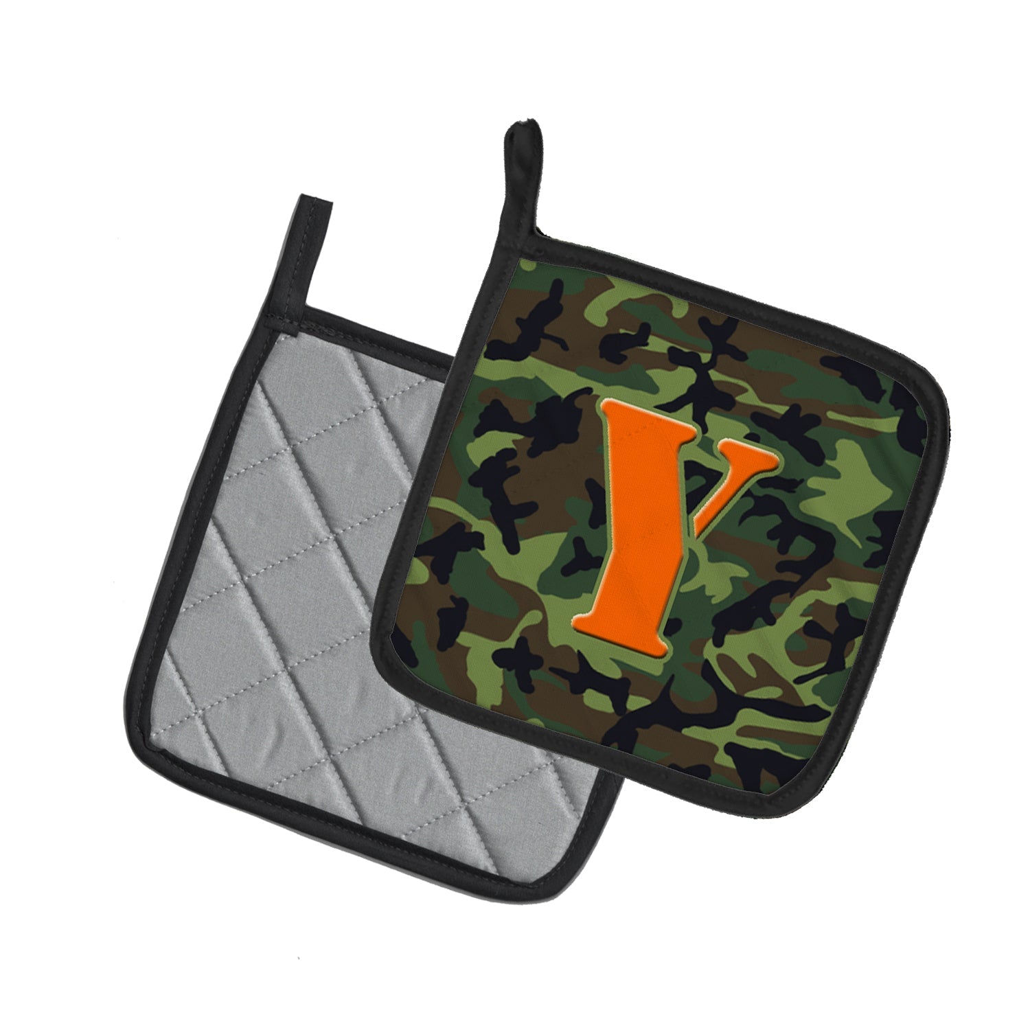Letter Y Monogram - Camo Green Pot Holder Set of 2 Heat Resistant Quilted Hot Pads 7.5 x 7.5 Inch, Insulated Kitchen Trivets for Cooking & Baking