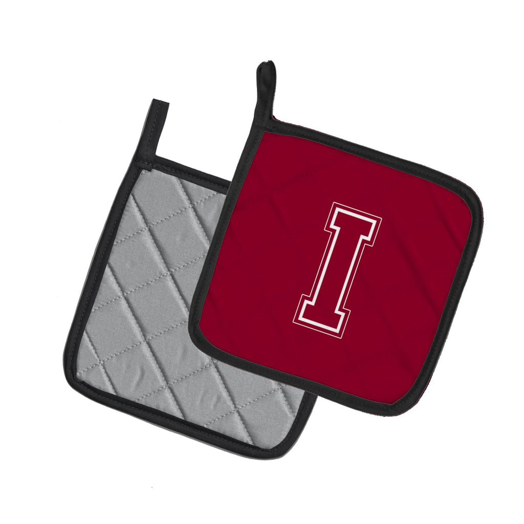 Letter I Initial Monogram - Maroon and White Pot Holder Set of 2 Heat Resistant Quilted Hot Pads 7.5 x 7.5 Inch, Insulated Kitchen Trivets for Cooking & Baking