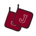 Letter J Initial Monogram - Maroon and White Pot Holder Set of 2 Heat Resistant Quilted Hot Pads 7.5 x 7.5 Inch, Insulated Kitchen Trivets for Cooking & Baking