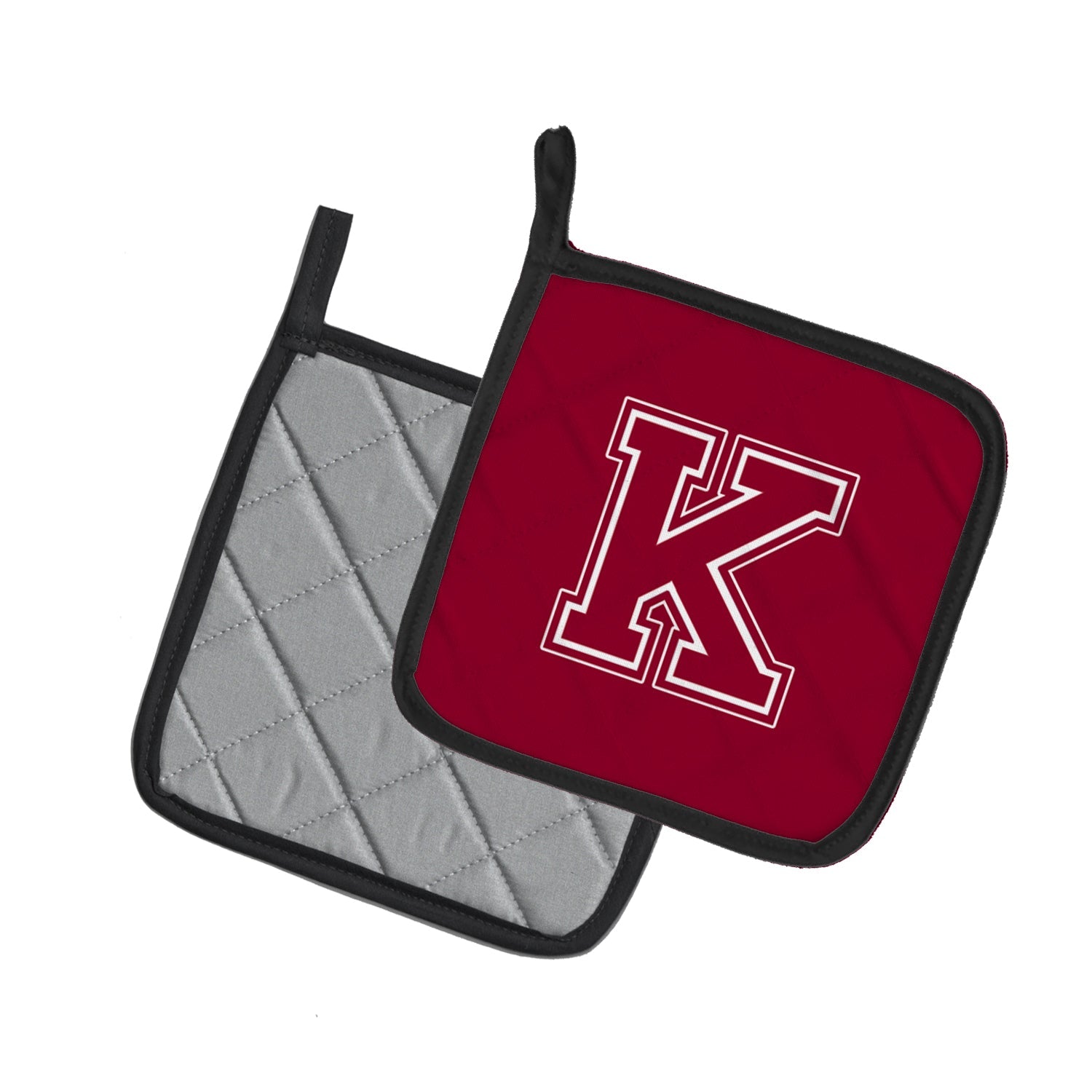 Letter K Initial Monogram - Maroon and White Pot Holder Set of 2 Heat Resistant Quilted Hot Pads 7.5 x 7.5 Inch, Insulated Kitchen Trivets for Cooking & Baking