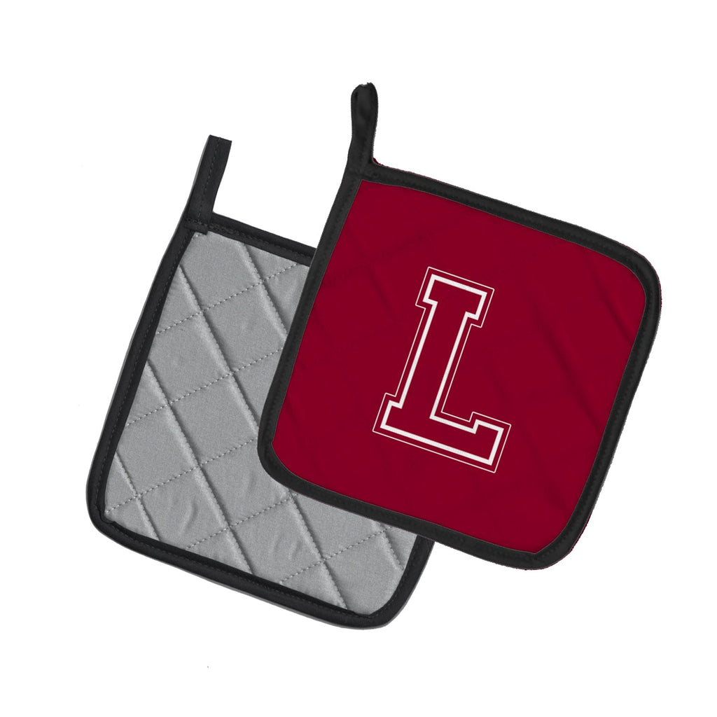 Letter L Initial Monogram - Maroon and White Pot Holder Set of 2 Heat Resistant Quilted Hot Pads 7.5 x 7.5 Inch, Insulated Kitchen Trivets for Cooking & Baking