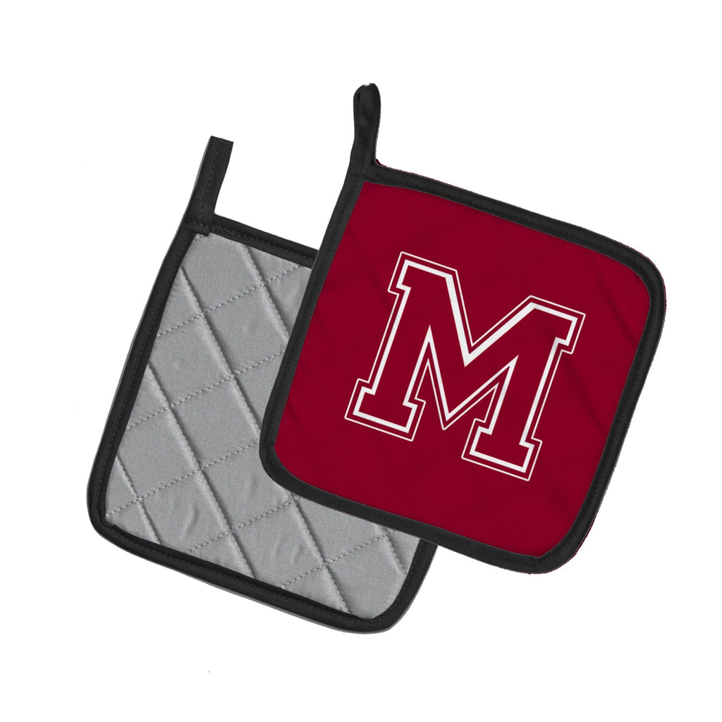 Letter M Initial Monogram - Maroon and White Pot Holder Set of 2 Heat Resistant Quilted Hot Pads 7.5 x 7.5 Inch, Insulated Kitchen Trivets for Cooking & Baking