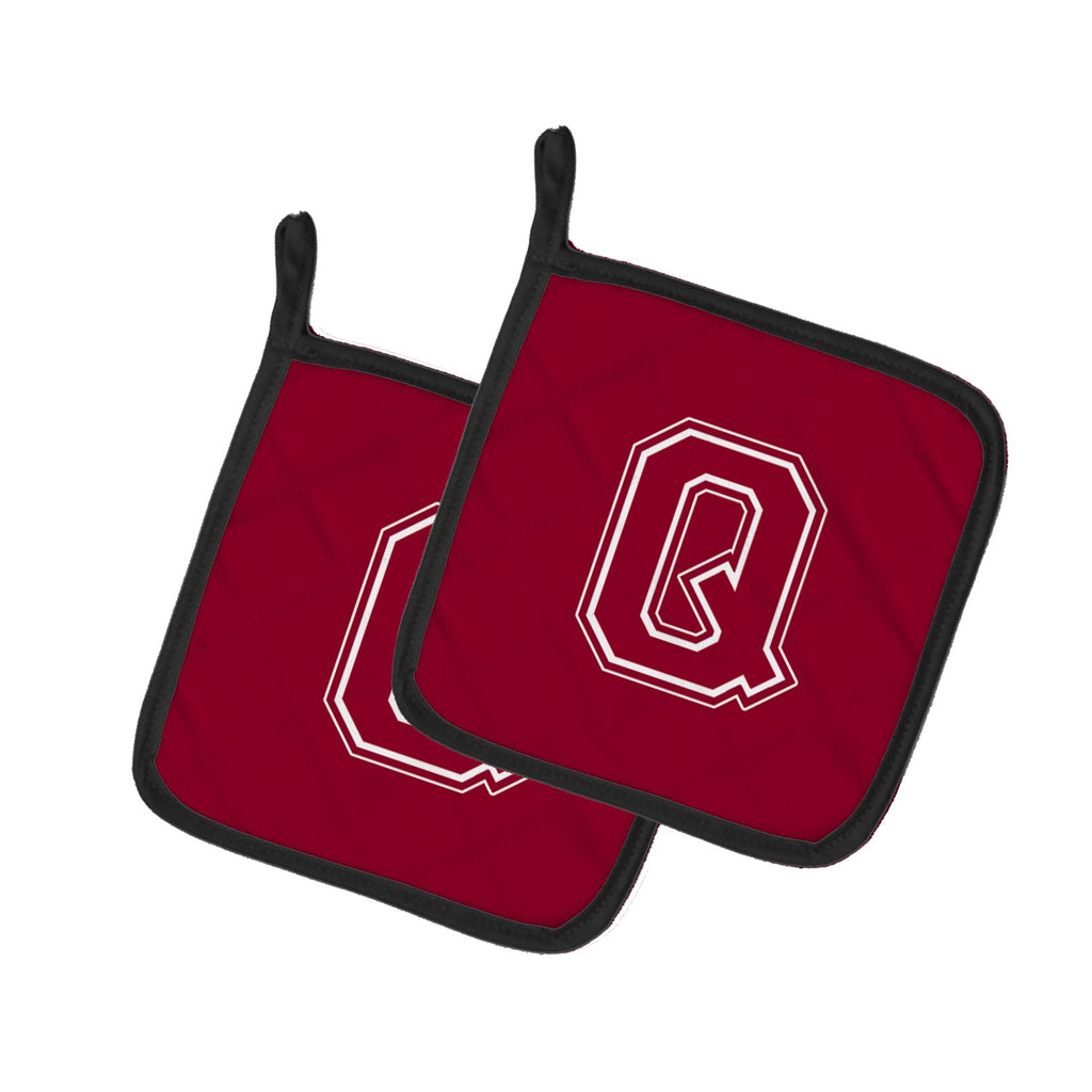 Letter Q Initial Monogram - Maroon and White Pot Holder Set of 2 Heat Resistant Quilted Hot Pads 7.5 x 7.5 Inch, Insulated Kitchen Trivets for Cooking & Baking