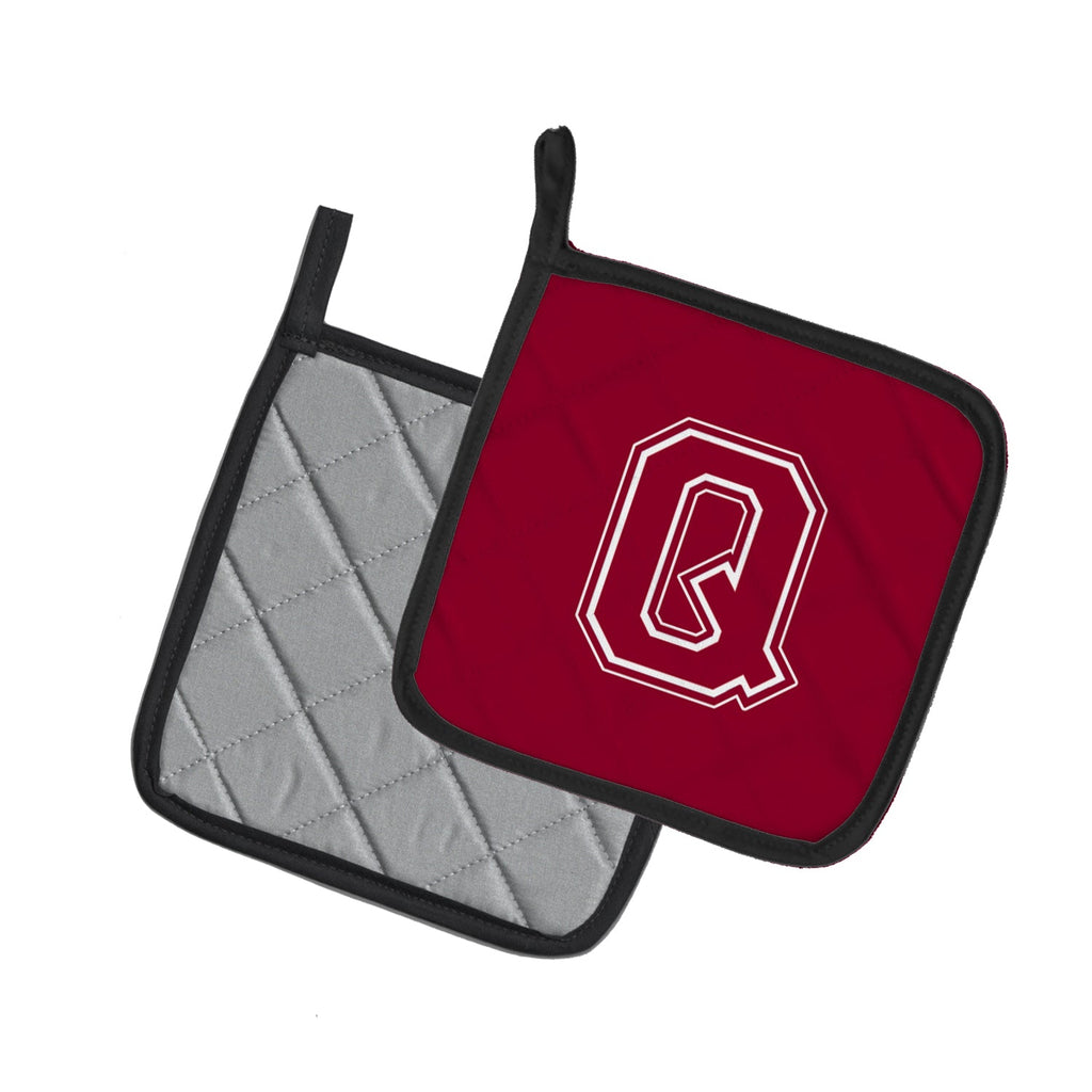 Letter Q Initial Monogram - Maroon and White Pot Holder Set of 2 Heat Resistant Quilted Hot Pads 7.5 x 7.5 Inch, Insulated Kitchen Trivets for Cooking & Baking