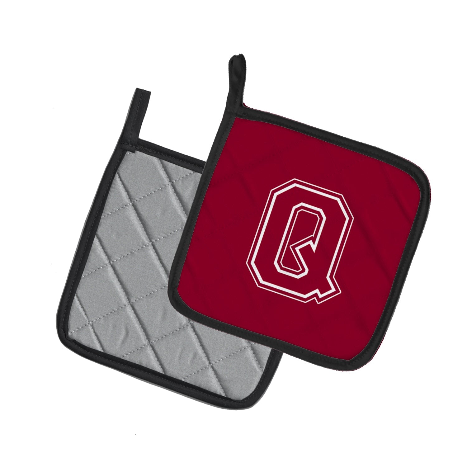 Letter Q Initial Monogram - Maroon and White Pot Holder Set of 2 Heat Resistant Quilted Hot Pads 7.5 x 7.5 Inch, Insulated Kitchen Trivets for Cooking & Baking