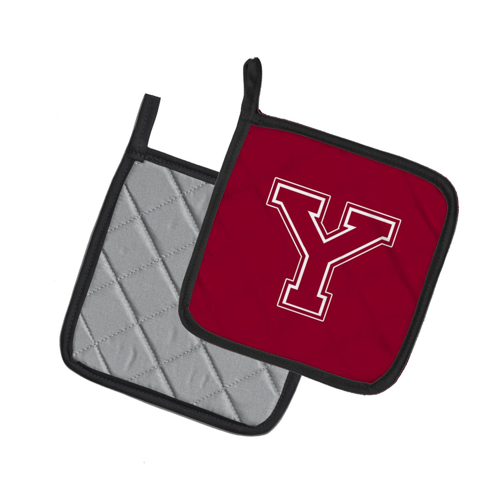 Letter Y Initial Monogram - Maroon and White Pot Holder Set of 2 Heat Resistant Quilted Hot Pads 7.5 x 7.5 Inch, Insulated Kitchen Trivets for Cooking & Baking