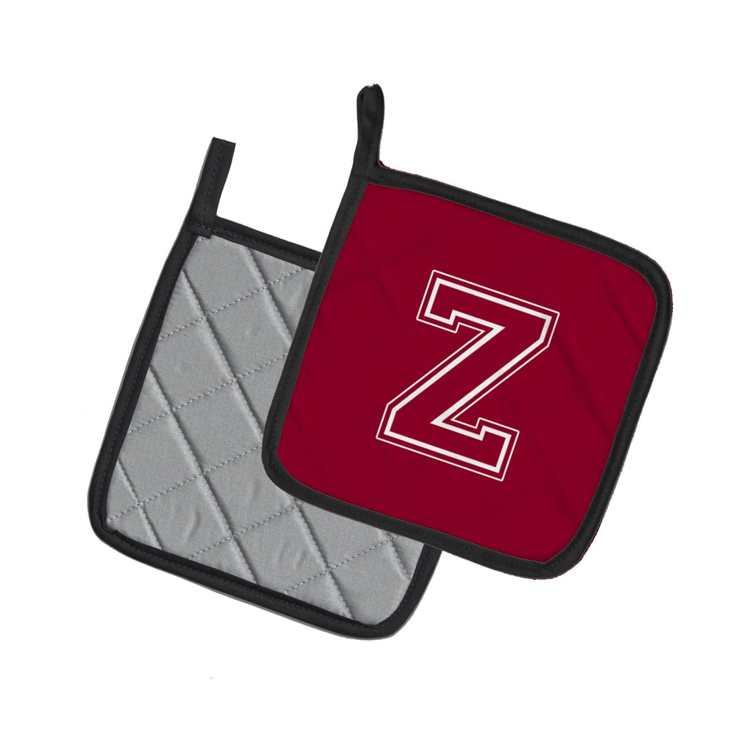 Letter Z Initial Monogram - Maroon and White Pot Holder Set of 2 Heat Resistant Quilted Hot Pads 7.5 x 7.5 Inch, Insulated Kitchen Trivets for Cooking & Baking