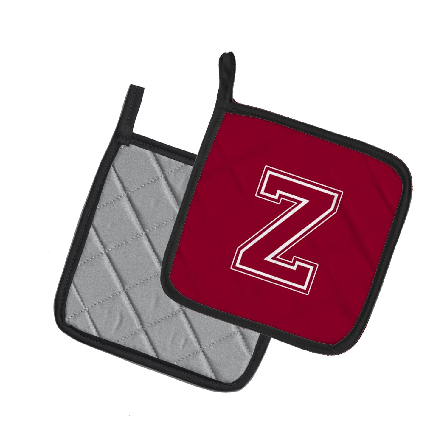 Letter Z Initial Monogram - Maroon and White Pot Holder Set of 2 Heat Resistant Quilted Hot Pads 7.5 x 7.5 Inch, Insulated Kitchen Trivets for Cooking & Baking