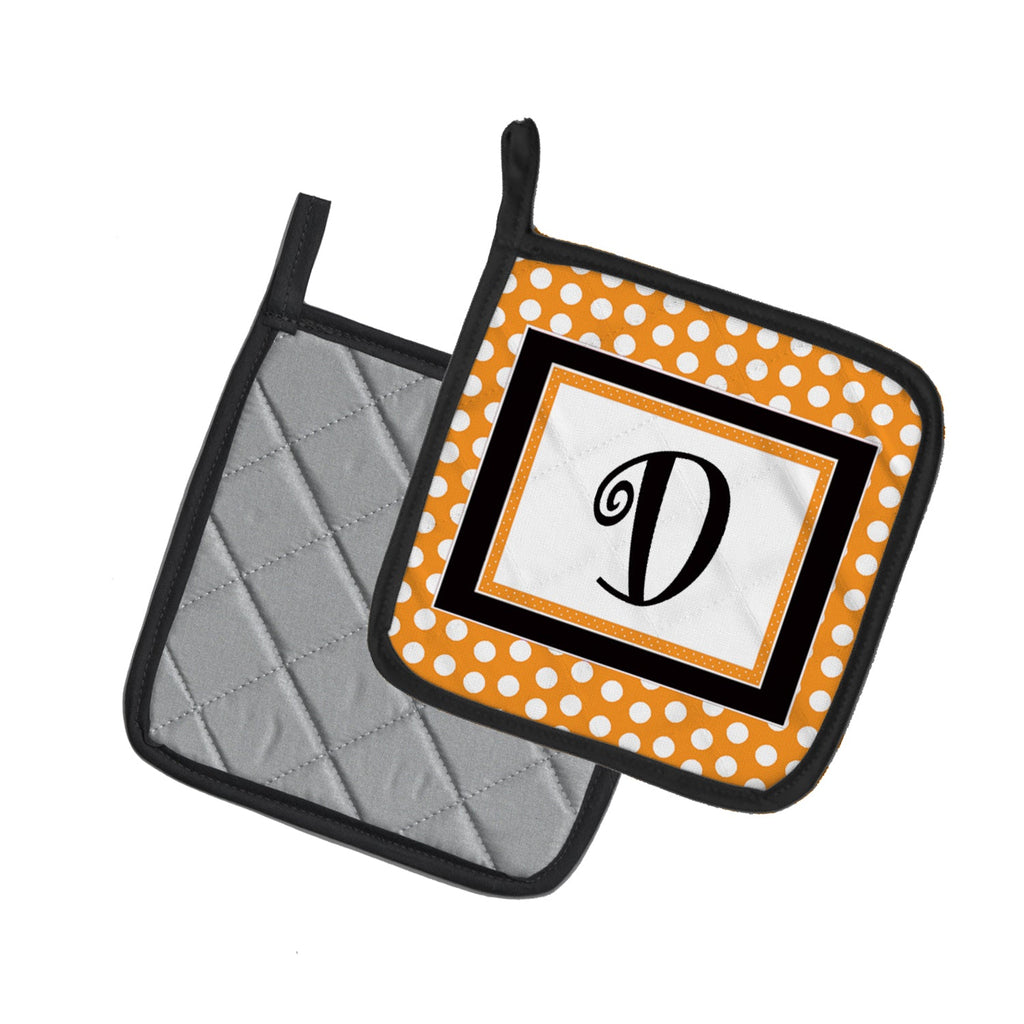 Letter D Initial Monogram - Orange Polkadots Pot Holder Set of 2 Heat Resistant Quilted Hot Pads 7.5 x 7.5 Inch, Insulated Kitchen Trivets for Cooking & Baking