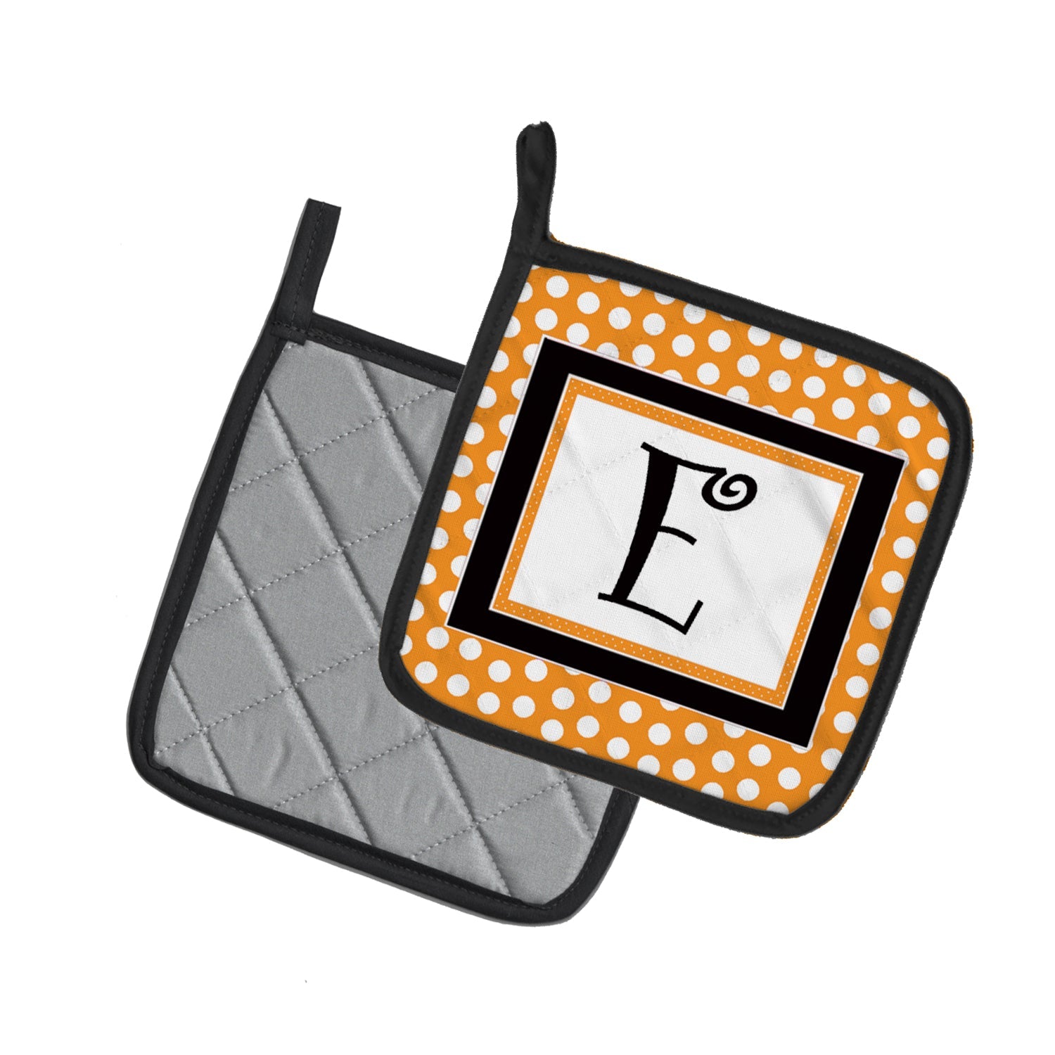 Letter E Initial Monogram - Orange Polkadots Pot Holder Set of 2 Heat Resistant Quilted Hot Pads 7.5 x 7.5 Inch, Insulated Kitchen Trivets for Cooking & Baking