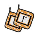 Letter F Initial Monogram - Orange Polkadots Pot Holder Set of 2 Heat Resistant Quilted Hot Pads 7.5 x 7.5 Inch, Insulated Kitchen Trivets for Cooking & Baking