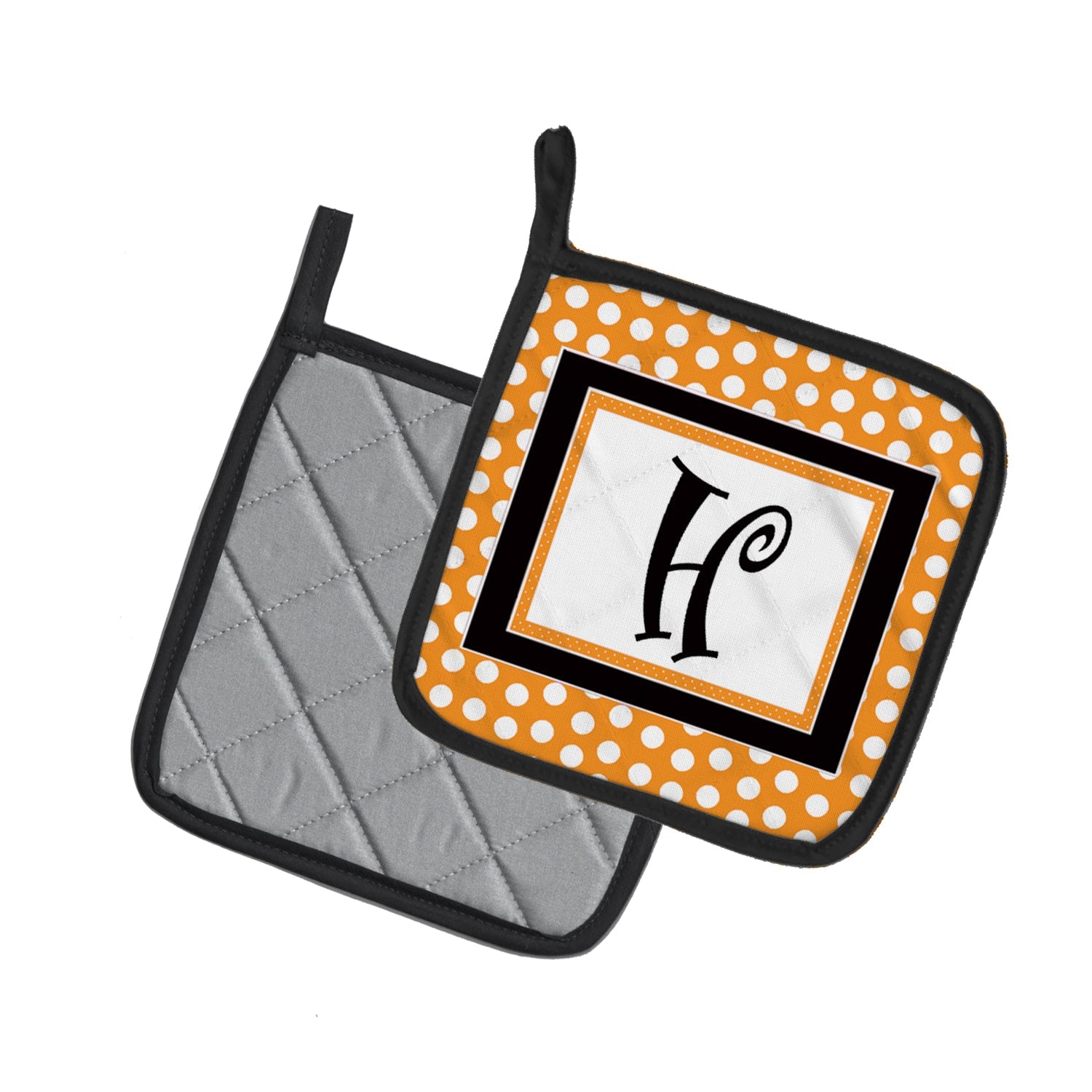 Letter H Initial Monogram - Orange Polkadots Pot Holder Set of 2 Heat Resistant Quilted Hot Pads 7.5 x 7.5 Inch, Insulated Kitchen Trivets for Cooking & Baking