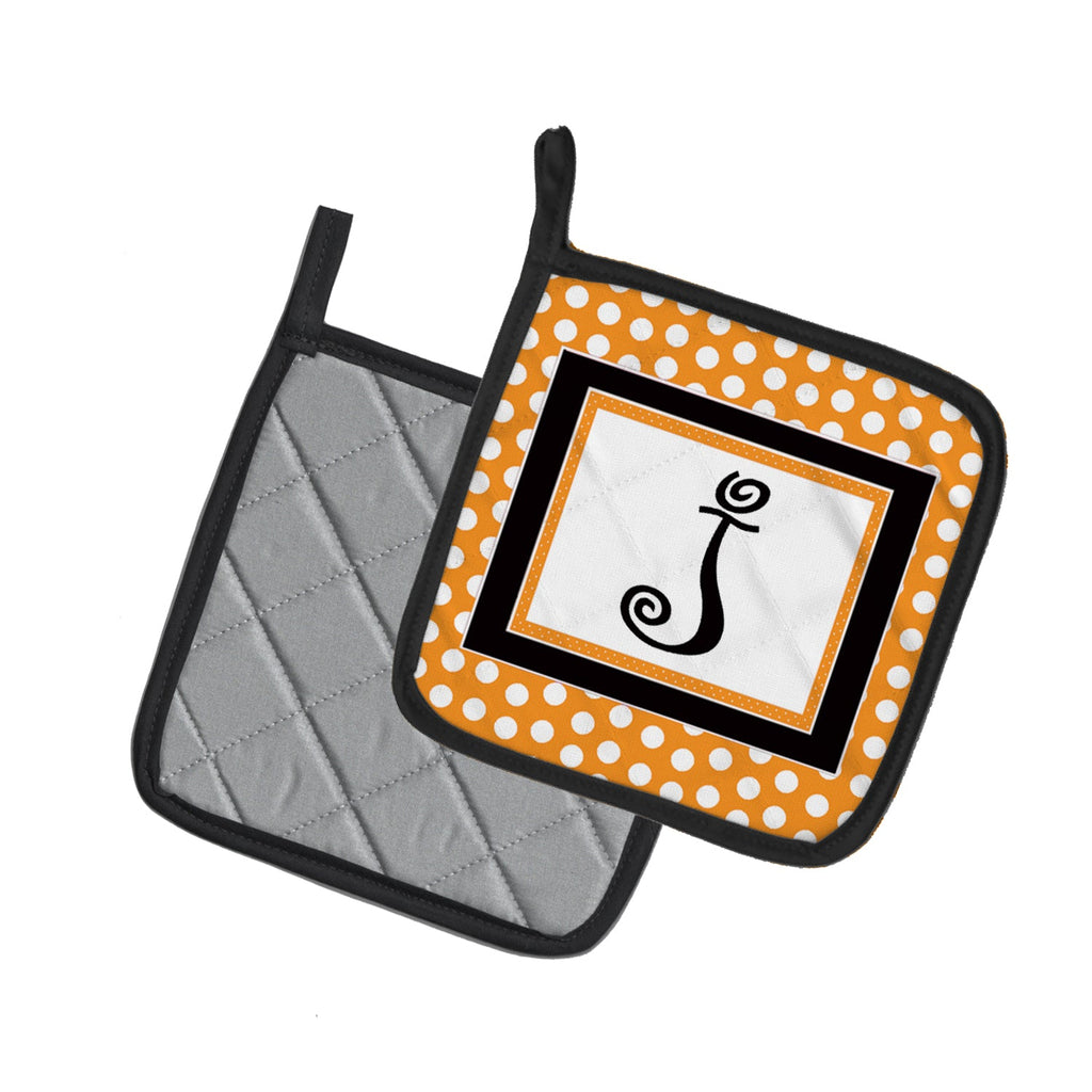 Letter J Initial Monogram - Orange Polkadots Pot Holder Set of 2 Heat Resistant Quilted Hot Pads 7.5 x 7.5 Inch, Insulated Kitchen Trivets for Cooking & Baking