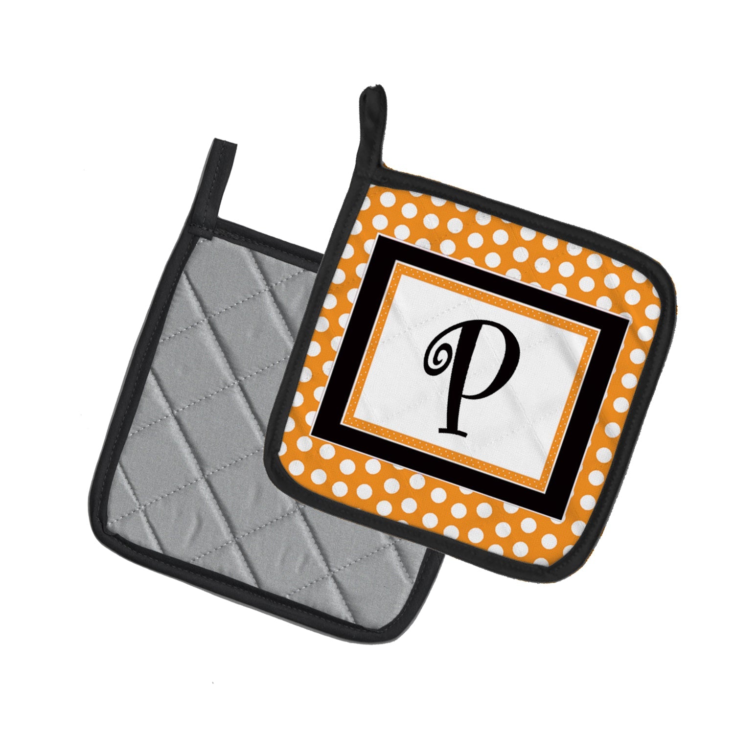 Letter P Initial Monogram - Orange Polkadots Pot Holder Set of 2 Heat Resistant Quilted Hot Pads 7.5 x 7.5 Inch, Insulated Kitchen Trivets for Cooking & Baking