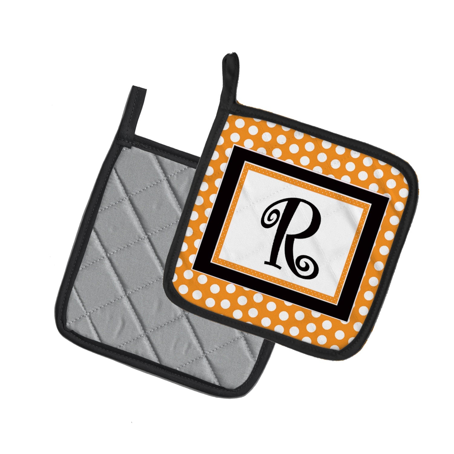 Letter R Initial Monogram - Orange Polkadots Pot Holder Set of 2 Heat Resistant Quilted Hot Pads 7.5 x 7.5 Inch, Insulated Kitchen Trivets for Cooking & Baking
