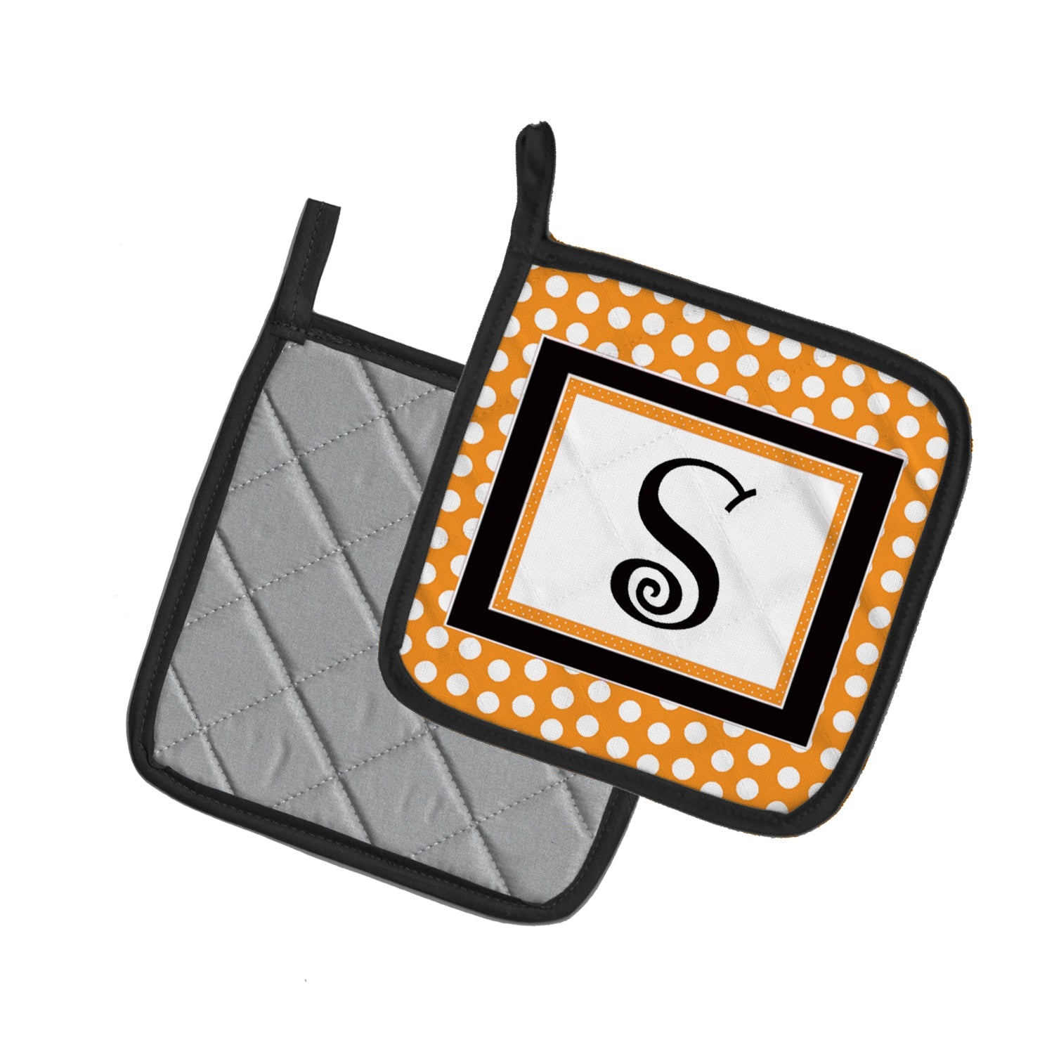 Letter S Initial Monogram - Orange Polkadots Pot Holder Set of 2 Heat Resistant Quilted Hot Pads 7.5 x 7.5 Inch, Insulated Kitchen Trivets for Cooking & Baking