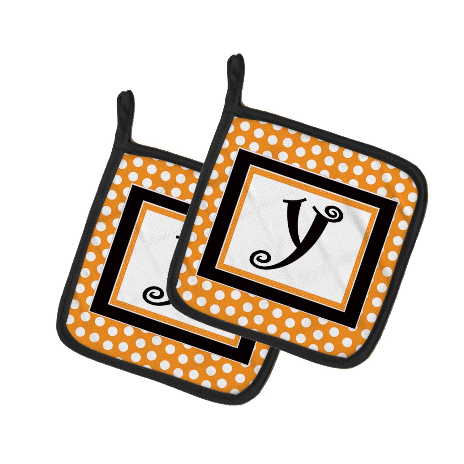 Letter Y Initial Monogram - Orange Polkadots Pot Holder Set of 2 Heat Resistant Quilted Hot Pads 7.5 x 7.5 Inch, Insulated Kitchen Trivets for Cooking & Baking