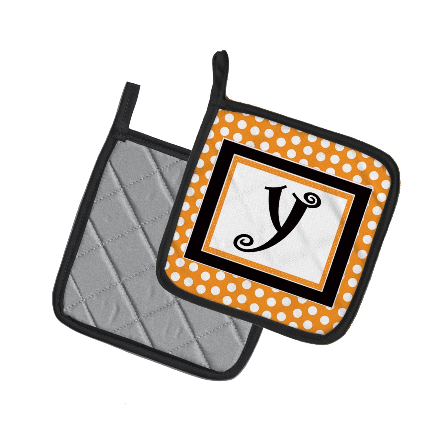Letter Y Initial Monogram - Orange Polkadots Pot Holder Set of 2 Heat Resistant Quilted Hot Pads 7.5 x 7.5 Inch, Insulated Kitchen Trivets for Cooking & Baking