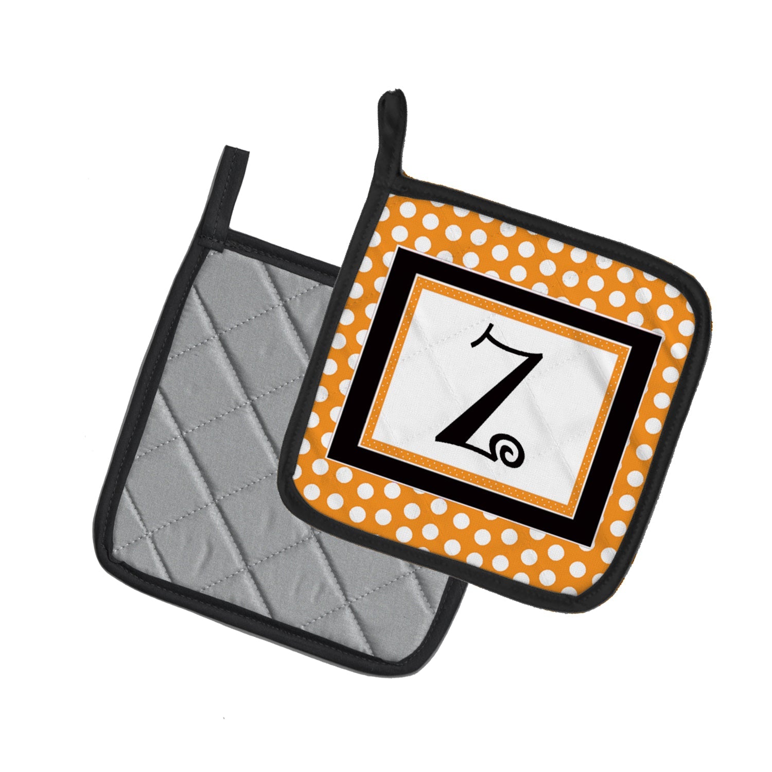 Letter Z Initial Monogram - Orange Polkadots Pot Holder Set of 2 Heat Resistant Quilted Hot Pads 7.5 x 7.5 Inch, Insulated Kitchen Trivets for Cooking & Baking