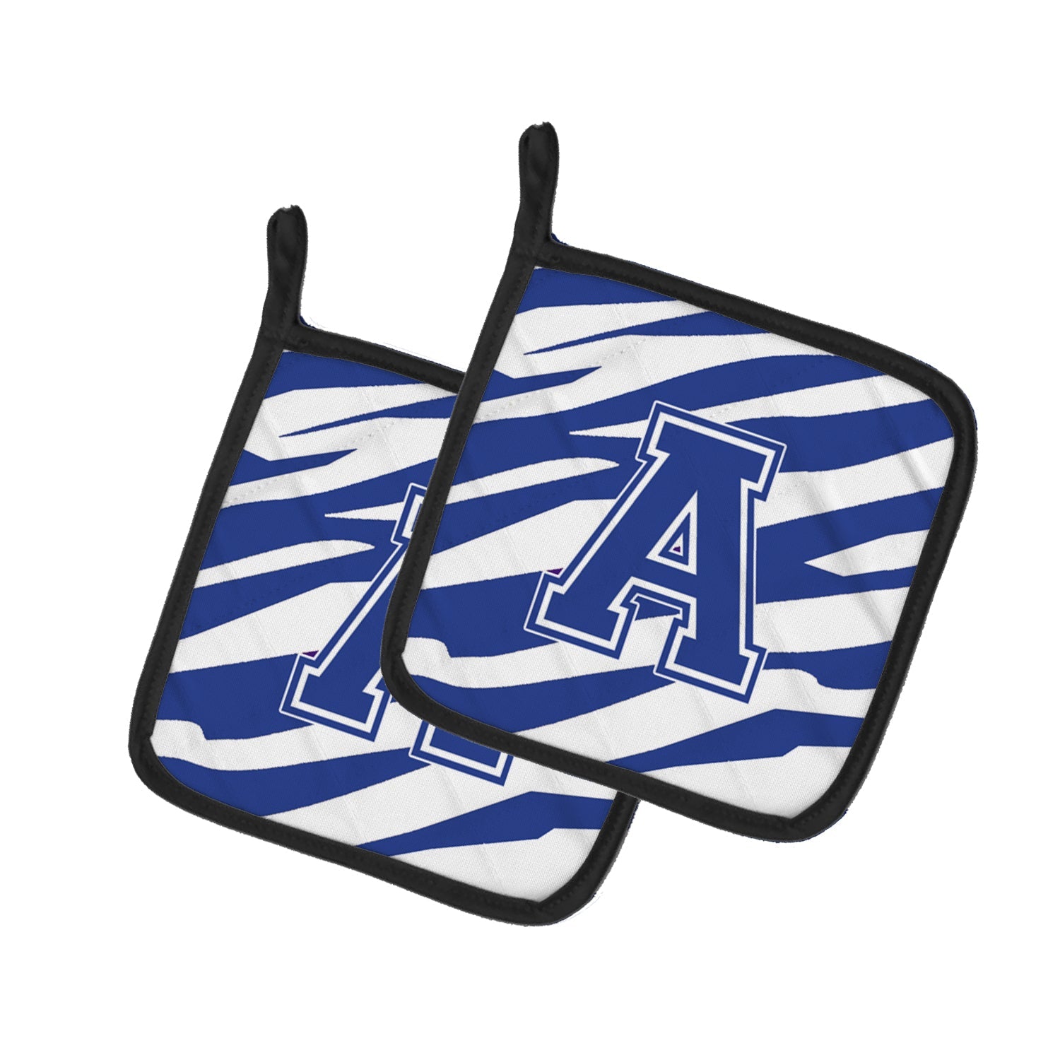 Letter A Monogram - Blue White Tiger Stripe Pot Holder Set of 2 Heat Resistant Quilted Hot Pads 7.5 x 7.5 Inch, Insulated Kitchen Trivets for Cooking & Baking