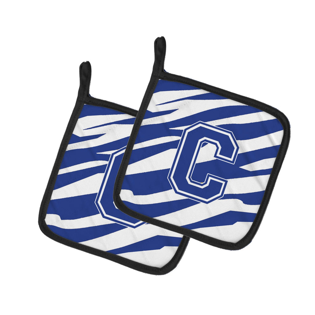 Letter C Initial Tiger Stripe Blue and White Pot Holder Set of 2 Heat Resistant Quilted Hot Pads 7.5 x 7.5 Inch, Insulated Kitchen Trivets for Cooking & Baking