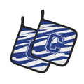 Letter C Initial Tiger Stripe Blue and White Pot Holder Set of 2 Heat Resistant Quilted Hot Pads 7.5 x 7.5 Inch, Insulated Kitchen Trivets for Cooking & Baking