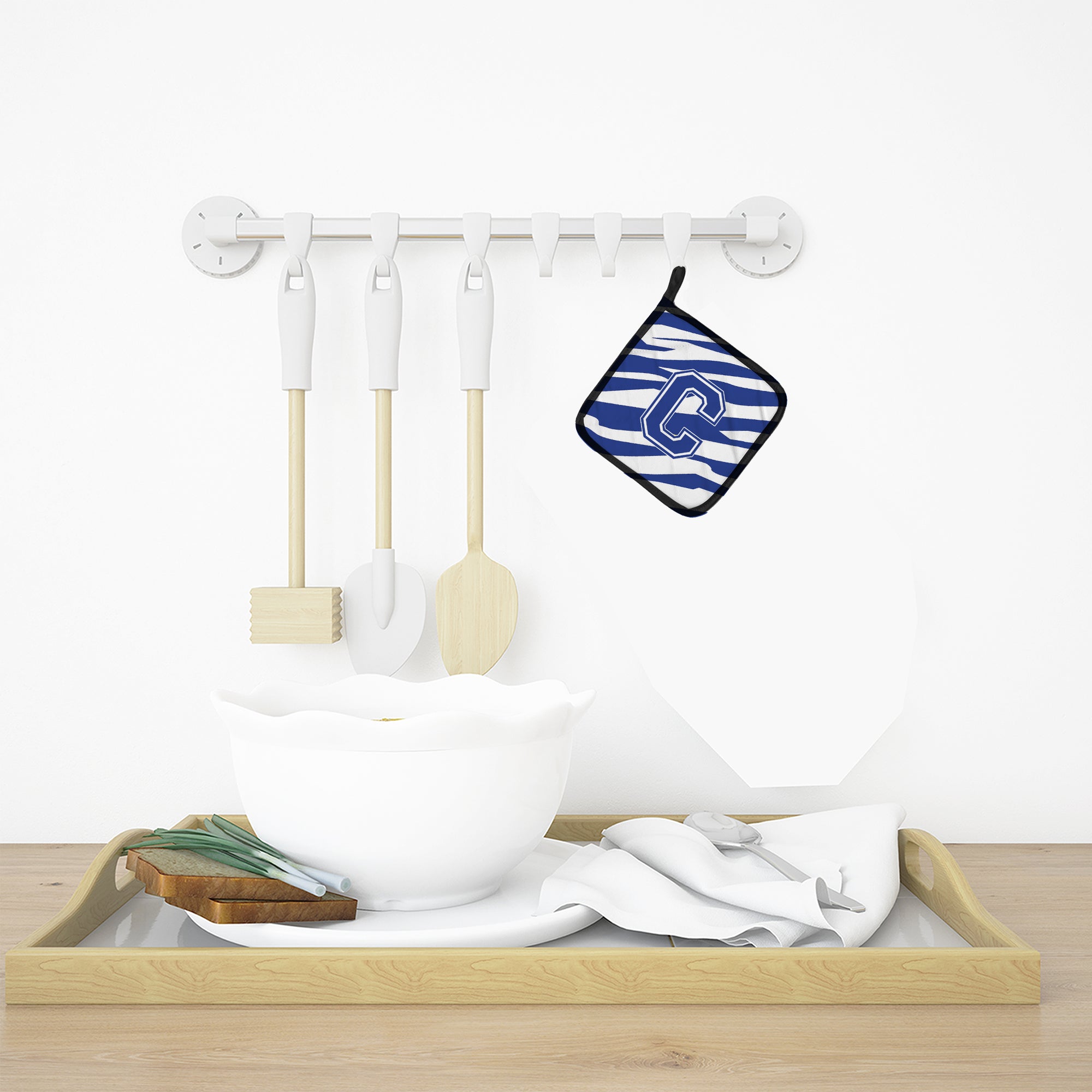 Letter C Initial Tiger Stripe Blue and White Pot Holder Set of 2 Heat Resistant Quilted Hot Pads 7.5 x 7.5 Inch, Insulated Kitchen Trivets for Cooking & Baking