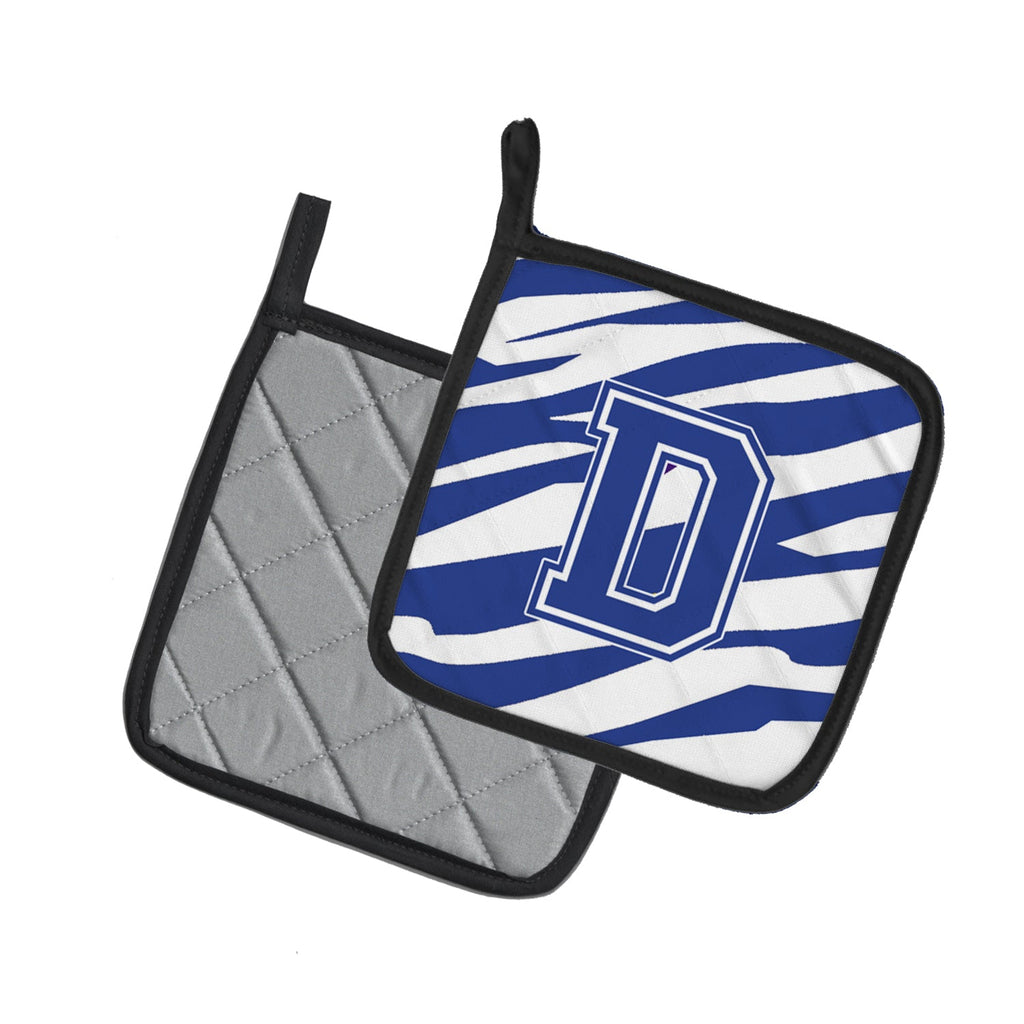 Letter D Initial Tiger Stripe Blue and White Pot Holder Set of 2 Heat Resistant Quilted Hot Pads 7.5 x 7.5 Inch, Insulated Kitchen Trivets for Cooking & Baking