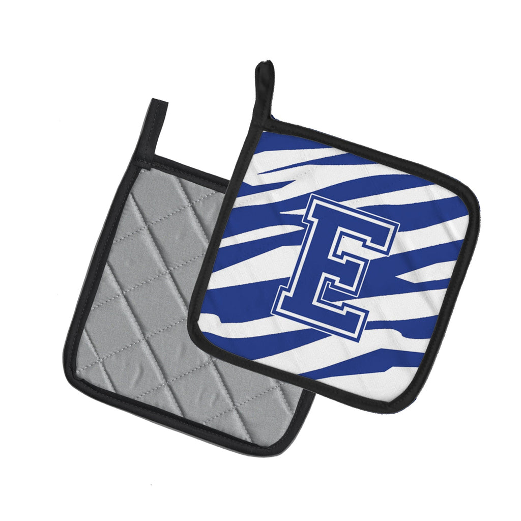Letter E Initial Tiger Stripe Blue and White Pot Holder Set of 2 Heat Resistant Quilted Hot Pads 7.5 x 7.5 Inch, Insulated Kitchen Trivets for Cooking & Baking