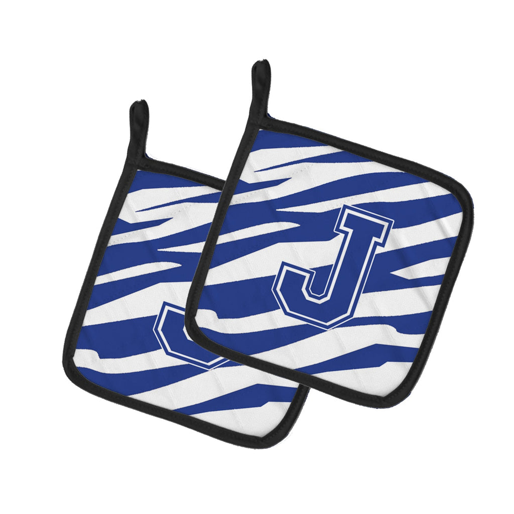 Letter J Initial Tiger Stripe Blue and White Pot Holder Set of 2 Heat Resistant Quilted Hot Pads 7.5 x 7.5 Inch, Insulated Kitchen Trivets for Cooking & Baking