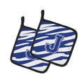 Letter J Initial Tiger Stripe Blue and White Pot Holder Set of 2 Heat Resistant Quilted Hot Pads 7.5 x 7.5 Inch, Insulated Kitchen Trivets for Cooking & Baking