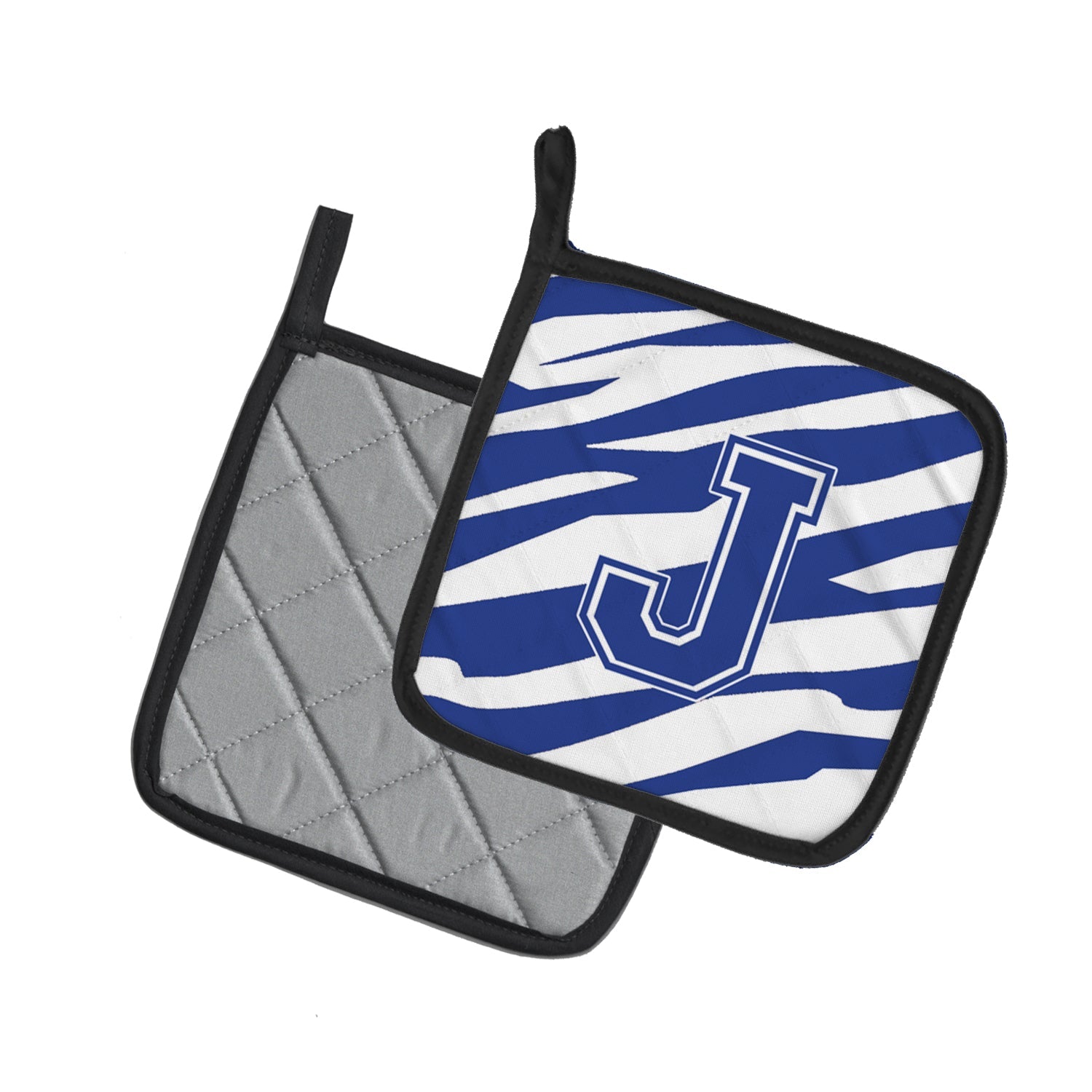 Letter J Initial Tiger Stripe Blue and White Pot Holder Set of 2 Heat Resistant Quilted Hot Pads 7.5 x 7.5 Inch, Insulated Kitchen Trivets for Cooking & Baking
