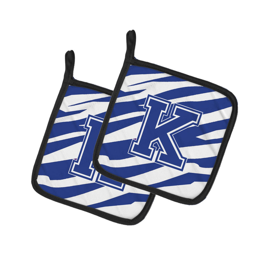 Letter K Initial Tiger Stripe Blue and White Pot Holder Set of 2 Heat Resistant Quilted Hot Pads 7.5 x 7.5 Inch, Insulated Kitchen Trivets for Cooking & Baking