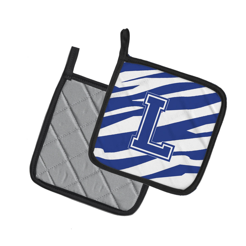 Letter L Initial Tiger Stripe Blue and White Pot Holder Set of 2 Heat Resistant Quilted Hot Pads 7.5 x 7.5 Inch, Insulated Kitchen Trivets for Cooking & Baking