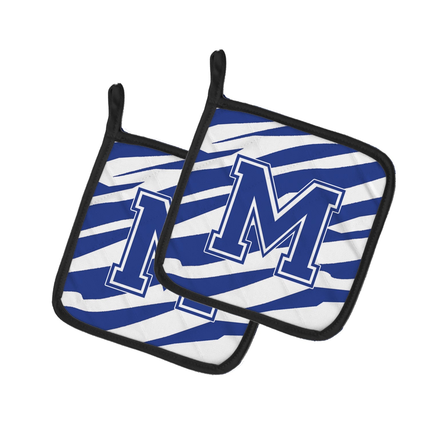 Letter M Initial Tiger Stripe Blue and White Pot Holder Set of 2 Heat Resistant Quilted Hot Pads 7.5 x 7.5 Inch, Insulated Kitchen Trivets for Cooking & Baking