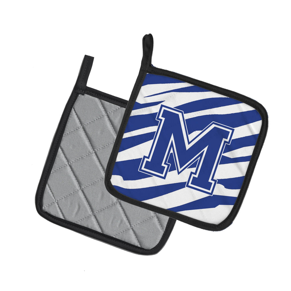 Letter M Initial Tiger Stripe Blue and White Pot Holder Set of 2 Heat Resistant Quilted Hot Pads 7.5 x 7.5 Inch, Insulated Kitchen Trivets for Cooking & Baking