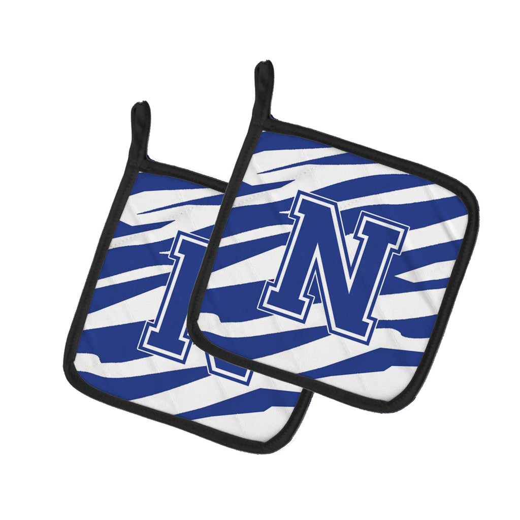 Letter N Initial Tiger Stripe Blue and White Pot Holder Set of 2 Heat Resistant Quilted Hot Pads 7.5 x 7.5 Inch, Insulated Kitchen Trivets for Cooking & Baking