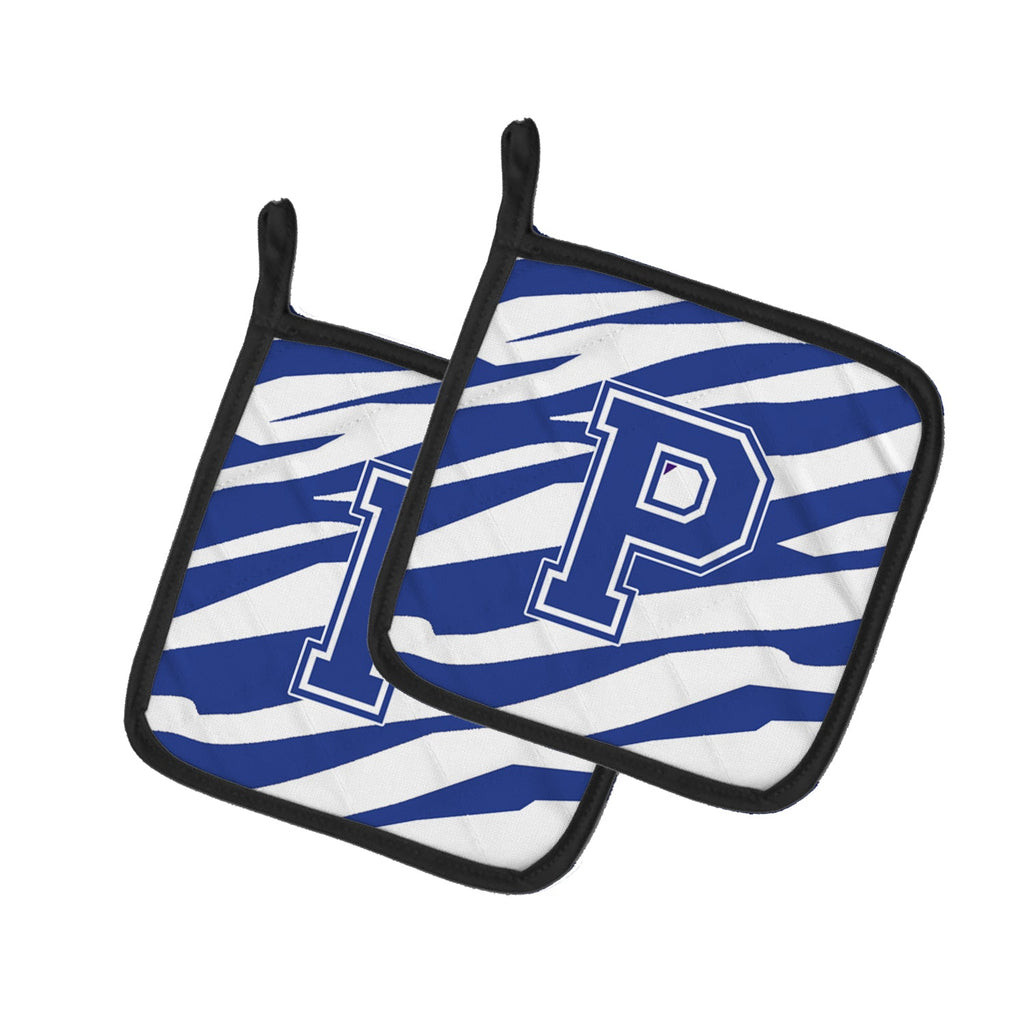 Letter P Initial Tiger Stripe Blue and White Pot Holder Set of 2 Heat Resistant Quilted Hot Pads 7.5 x 7.5 Inch, Insulated Kitchen Trivets for Cooking & Baking