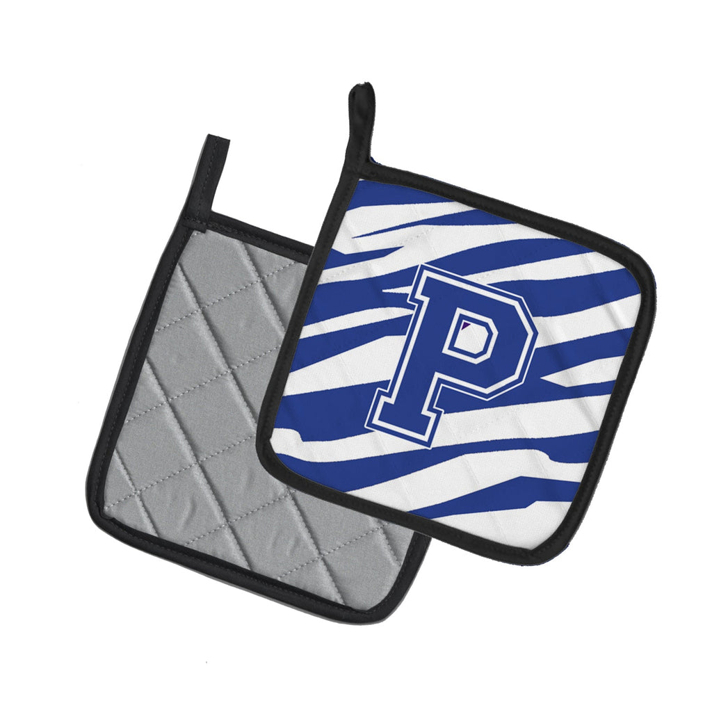 Letter P Initial Tiger Stripe Blue and White Pot Holder Set of 2 Heat Resistant Quilted Hot Pads 7.5 x 7.5 Inch, Insulated Kitchen Trivets for Cooking & Baking