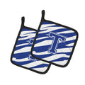 Letter T Initial Tiger Stripe Blue and White Pot Holder Set of 2 Heat Resistant Quilted Hot Pads 7.5 x 7.5 Inch, Insulated Kitchen Trivets for Cooking & Baking