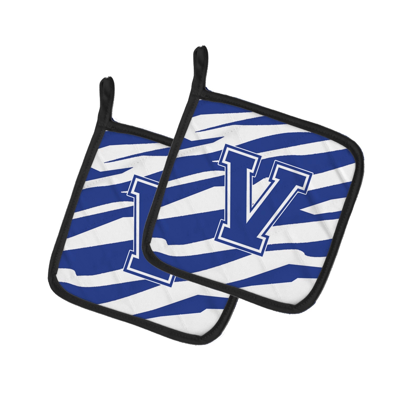Letter V Initial Tiger Stripe Blue and White Pot Holder Set of 2 Heat Resistant Quilted Hot Pads 7.5 x 7.5 Inch, Insulated Kitchen Trivets for Cooking & Baking