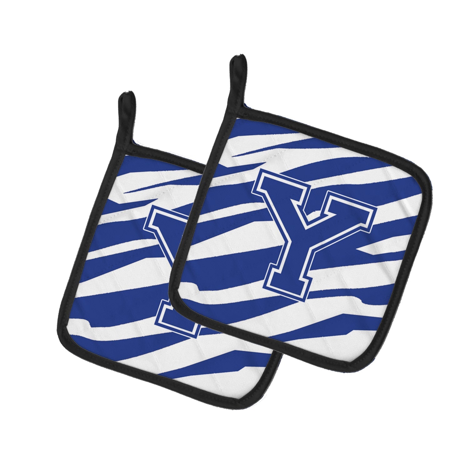 Letter Y Initial Tiger Stripe Blue and White Pot Holder Set of 2 Heat Resistant Quilted Hot Pads 7.5 x 7.5 Inch, Insulated Kitchen Trivets for Cooking & Baking